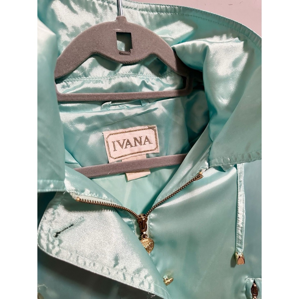 Vtg 1990 IVANA (Trump) Satin Parka Jacket Aqua Gold Crest Buttons Hooded L /XL
